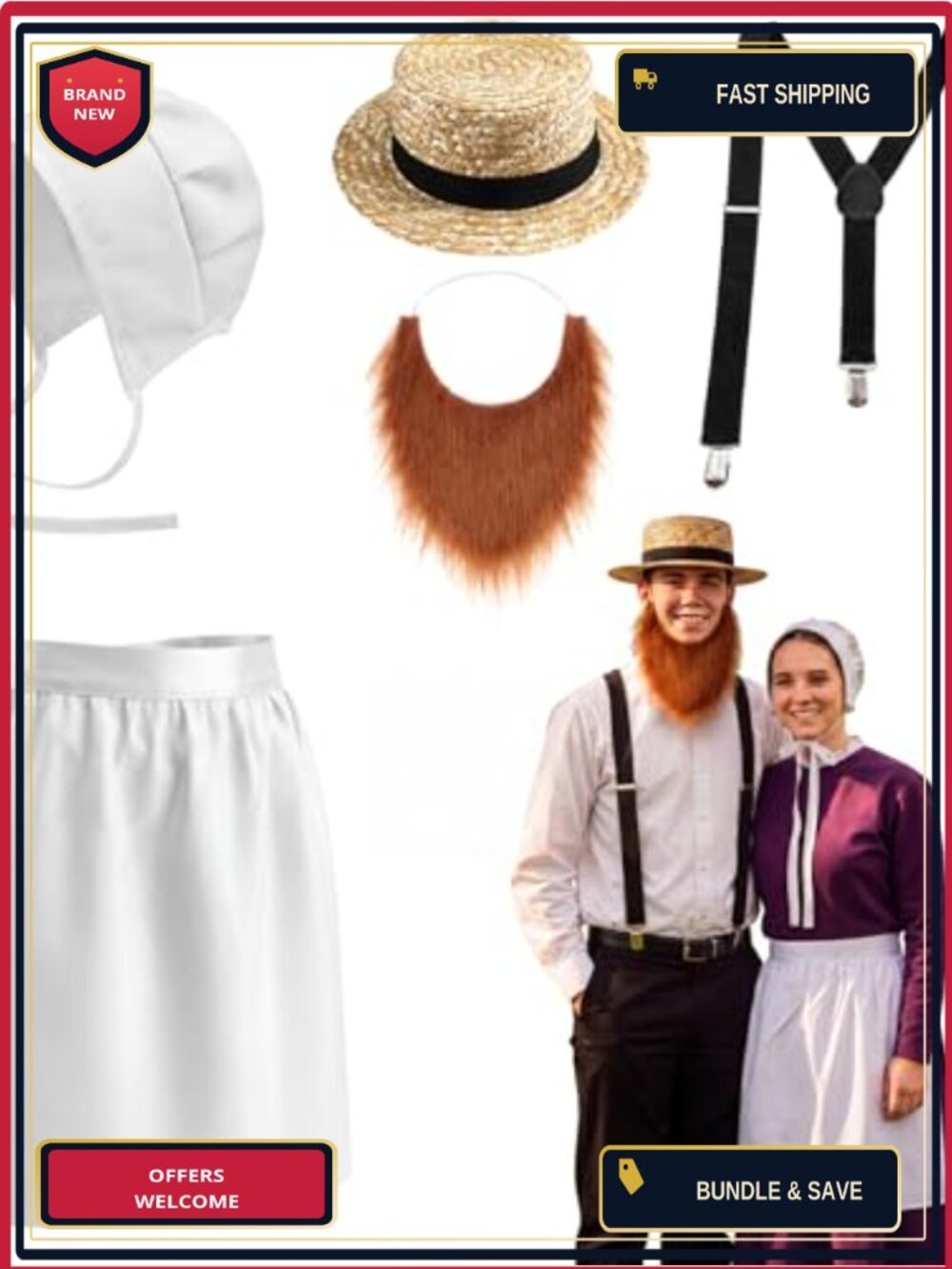 5pc Amish Couples Costume Set Straw Hat Beard Suspenders Bonnet Apron
